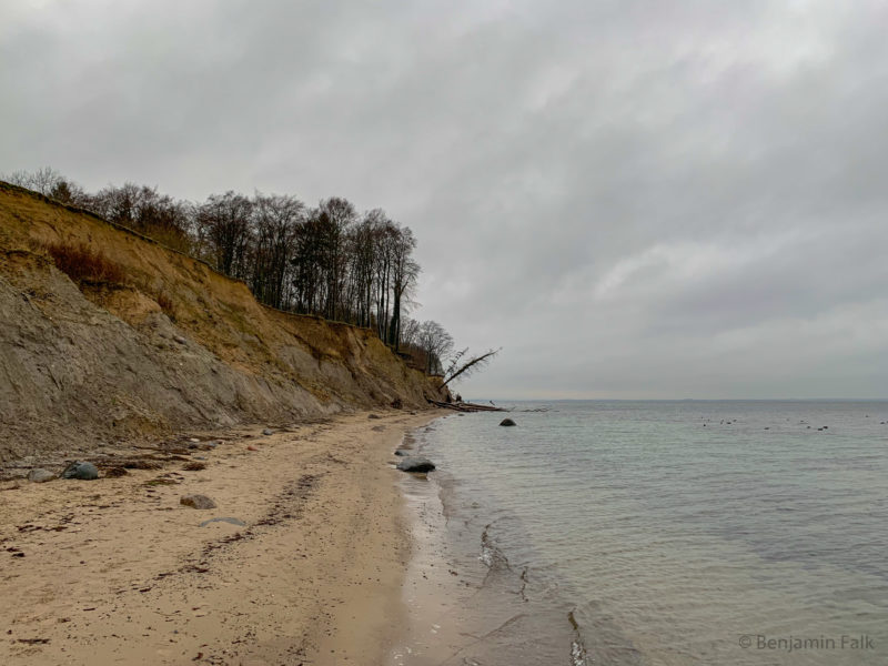 Aufnahme eines Strandes an einem bewölktem Tag, an einer Abbruchkante, mit bLick auf Bäume die halb in dieser Abbruchkante hängen.