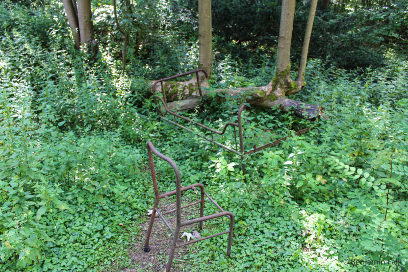 Rostiges Bettgestell sowie ein Stuhl-Gerippe welches vor Bäumen in einem Feld aus Efeu und Brenesseln stehen.
