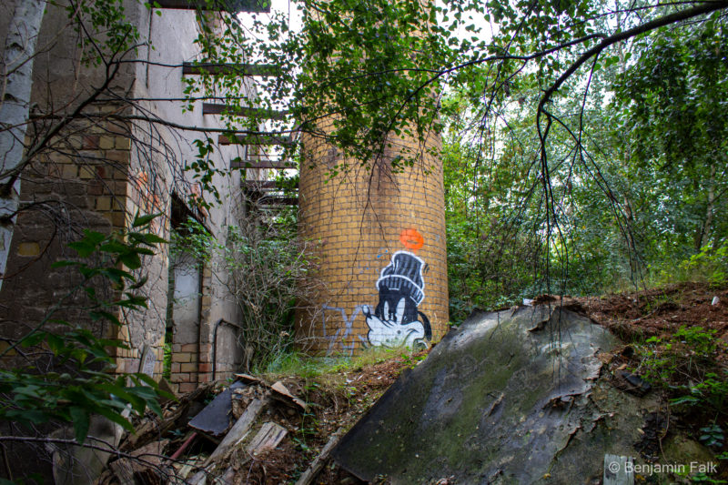 Basis eines Backstein-Schornsteins inmitten eines Schutthaufens, neben einem leerstehendem Industriegebäude. Das Foto ist durch eine Baum-Lichtung hindurch aufgenommen und fokussiert auf ein Grafitto von Goofy mitten auf der Basis des Schornsteins.